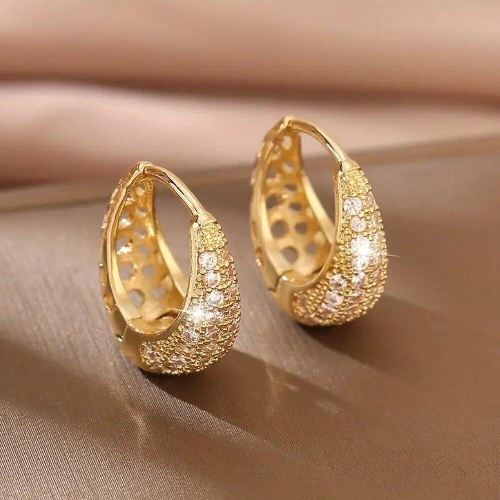 Pave Crystal Huggie Earrings Gold Tone Oval Sparkly Hoops NEW